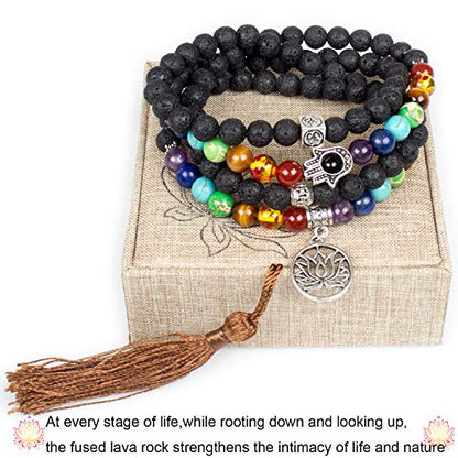 108 Mala Beads Necklace 7 Chakra Tree of Life Pendant Prayer Buddha Bracelets Healing Stone Yoga Men Women Jewelry - color: Natural lava beads