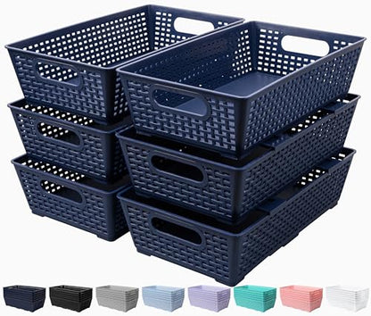 Tiawudi Stackable Woven Plastic Basket, Storage Bins for Cabinet, Closet, Shelf, Under Sink and Countertop, Pantry Organizer Bins, 6 Pack - color: Dark Blue