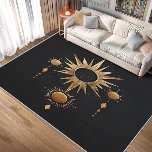 Black and Gold Sun Throw Rug, Washable Minimalist Abstract Area Rugs 2x3 - Celestial Boho Small Carpet, Entryway, Bedroom, Kitchen, Home Decor, Indoor Mat, Soft, Non Slip, Non Shedding R&-E269 - color: Black Gold, size: 2' x 3' (Rectangular)