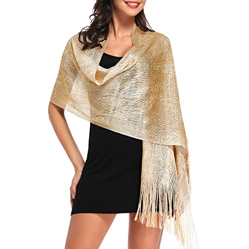 vimate Sparkling Metallic Shawls and Wraps for Evening Party/Wedding/Formal Dresses (With Free Buckle) - color: C1#. Khaki Gold (With Khaki Buckle)