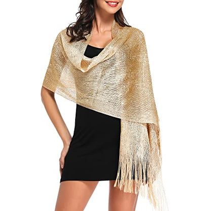 vimate Sparkling Metallic Shawls and Wraps for Evening Party/Wedding/Formal Dresses (With Free Buckle) - color: C1#. Khaki Gold (With Khaki Buckle)