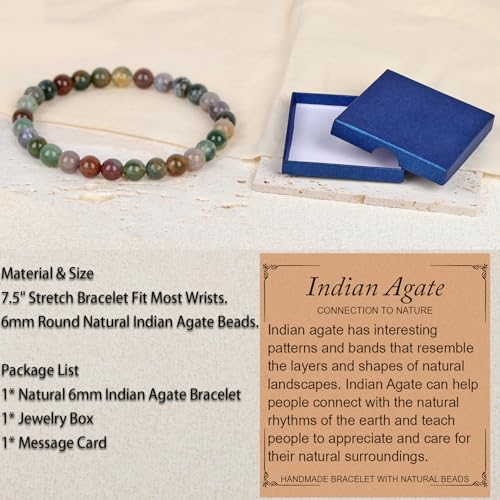 LPBeads Handmade Natural Gemstone Stretch Elastic Bracelet Healing Crystal Round Stone Beads Jewelry Gifts for Women Men - color: Indian Agate, size: 6mm