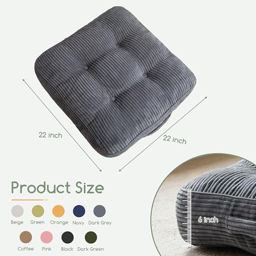 HIGOGOGO 6" Extra Thick Floor Pillow Cushion for Adults, Meditation Cushion Pillow, Large Square Floor Sitting, Tufted Corduroy Cover, for Tatami Living Room or Yoga, 22x22 Inch, 2Pack, Dark Grey