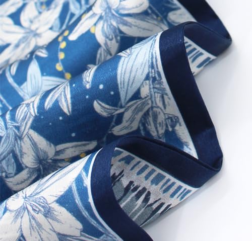 100% Silk Scarf for Women 59”*6.3” Long Shawls for Headscarf and Neck- Oblong Hair Wraps with Gift Packed - color: Blue&white Lilies