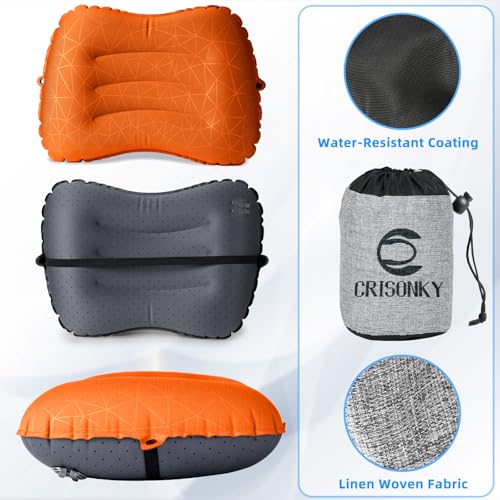 Crisonky Camping Pillow - Inflatable Pillow - Travel Pillows for Backpacking & Airplane, Lumbar Support 2.0 Blow Up Pillows, Ultralight Compressible, Comfortable, Ergonomic Pillow