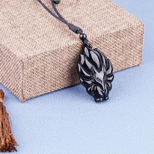 Black Obsidian Necklace Protection Pendant with Extended Bead Chain Healing Crystal Stone Amulet Necklace for Men Women - color: FoxC