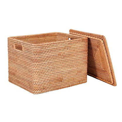 Rattan Basket With Lid, Large Lidded Basket For Storage(15.7" L×13"W×11.8"H) - size: 15.7"×13"×11.8"