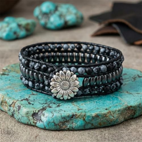 YGLINE Boho Handmade Natural Stone Bead 3 Row Wide Wrap Wrist Statment Bracelet Jewelry Collection - color: Black Mix