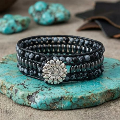 YGLINE Boho Handmade Natural Stone Bead 3 Row Wide Wrap Wrist Statment Bracelet Jewelry Collection - color: Black Mix