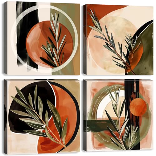 Burnt Orange Wall Art Boho Pictures Wall Decor Living Room Bedroom Vintage Abstract Geometric Canvas Paintings Minimalist Botanical Plant Posters Bohemian Modern Artwork Home Decorations 12x12 4Pcs - color: Boho, size: 12"L x 12"W