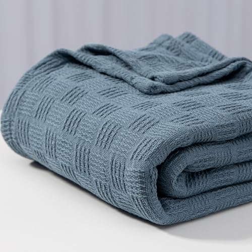 JIKFRIMA Cotton Throw Blanket 150 by 200 cm, Knit Waffle Weave Throw Blankets for Couch, Sofa, Bed, Home Decor, Lightweight and Breathable Crochet Blanket for All Seasons (Navy, Twin (150 by 200 cm))