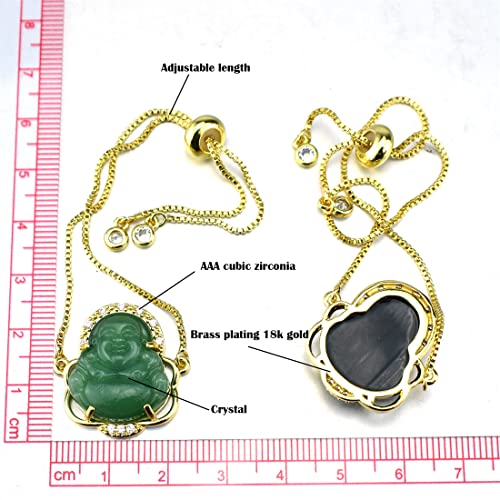 18K Gold Plated Laughing Buddha Link Bracelet Pendant Jade Natural Stone Cubic Zirconia Crystal Adjustable Lucky Gemstone Amulet Protection Jewelry for Women Men