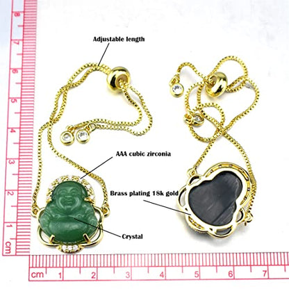 18K Gold Plated Laughing Buddha Link Bracelet Pendant Jade Natural Stone Cubic Zirconia Crystal Adjustable Lucky Gemstone Amulet Protection Jewelry for Women Men