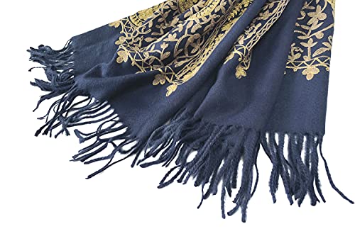 Urban CoCo Women's Embroidered Oversize Tassel Shawl Scarf Wraps for Women - color: #3-navy Blue