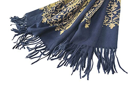 Urban CoCo Women's Embroidered Oversize Tassel Shawl Scarf Wraps for Women - color: #3-navy Blue