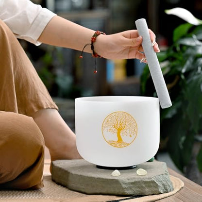 432HZ 8 Inch F Note Heart Chakra Crystal Singing Bowl Sound Healing, Frosted Quartz Crystal Tree of Life Sound Bowl, Sude and O-ring For Sound Healing Meditation - color: white Tree of Life, size: 8"F