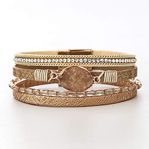 Fesciory Leopard Bracelet for Women, Boho Leather Wrap Multi-Layer Pearl Crystal Bracelet Bangle Jewelry - style: Gold Stone(Short)