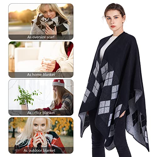 Shawl Wraps for Women, Elegant Knitted Cape Open Front Poncho Scarf Blanket Cardigan Coat for Spring, Autumn, and Winter - color: Black White