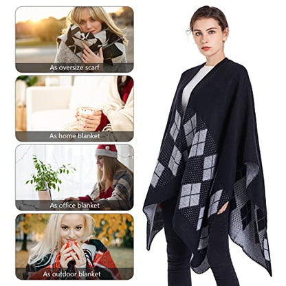 Shawl Wraps for Women, Elegant Knitted Cape Open Front Poncho Scarf Blanket Cardigan Coat for Spring, Autumn, and Winter - color: Black White