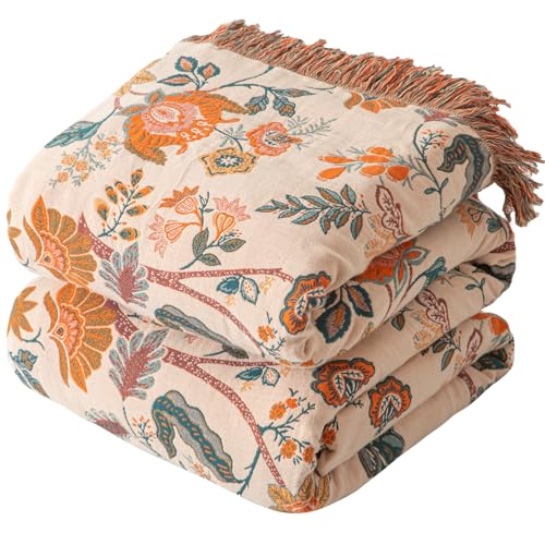 Bailix Boho Throw Blanket for Couch Sofa Bed, 100% Cotton Woven Quilt with Tassel 80”x90”, Super Soft Muslin Blanket with Floral Printed, Decorative Reversible Bed Blanket/Cover for All Seasons - color: B - Boho Floral, size: Queen/Full-80" X 90"