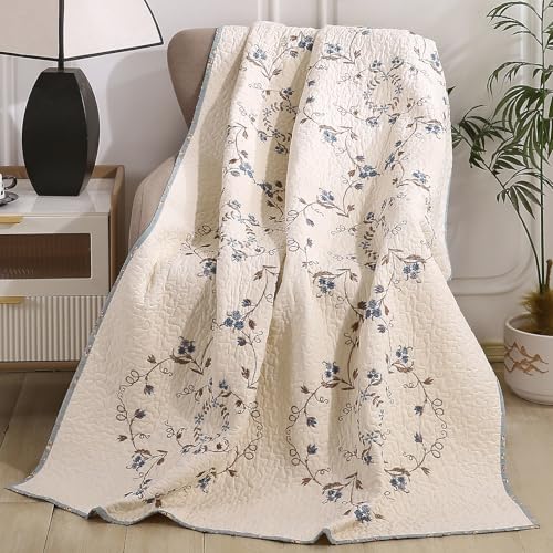 vctops 100% Cotton Quilted Throw Blanket 50x60 Inch Floral Embroidered Reversible Patchwork All Season Throw (Blue,50"x60") - color: Blue