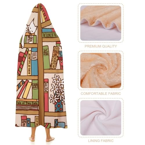 Sleeping Cat Library Bookshelf Large Size Comfortable Hooded Blanket, Warm Blanket 60"x80" - color: Sleeping Cat Library Bookshelf, size: 60"x80"
