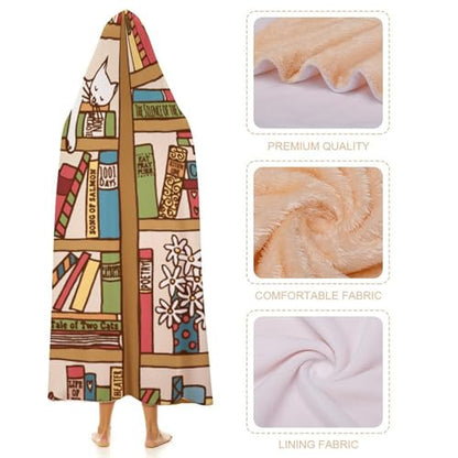 Sleeping Cat Library Bookshelf Large Size Comfortable Hooded Blanket, Warm Blanket 60"x80" - color: Sleeping Cat Library Bookshelf, size: 60"x80"