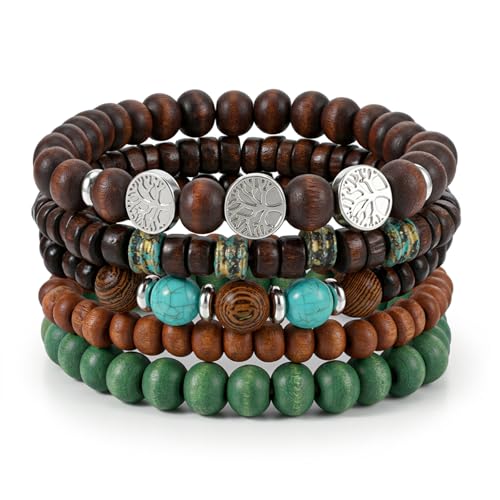 5 Pcs Beaded Bracelets, Elastic Wood Alloy Boho Stackable Handmade Beaded Bracelets, Boho Jewelry For Women Men