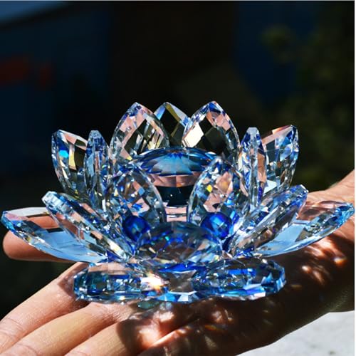 Crystal Lotus Flower Sculpture Decoration Elegant Centerpiece for Bedroom Relaxation and Wellness Interior Piece(Blue) - color: Blue