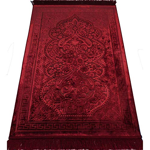 Modefa Luxury Velvet Prayer Rug with Prayer Beads | Soft Elegant Muslim Turkish Janamaz Sajada Carpet for Men and Women | Plain Solid Prayer Mat Ramadan Eid Gift - Paisley (Red) - color: Red