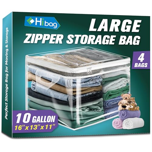 HIBAG 10 Gallon Large Storage Bag for Clothes, Zipper Clothing Storage Bag, Clear Organizer with Reinforced Handles, for Closet and Underbed Storage (4 Pack) - size: 10 gal Clear - 4 pack