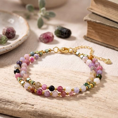 Farfume Beaded Bracelets for Women, Chakra Crystal 4mm Beads Gemstone Natural Stone Bead Spiritual Jewelry Gifts for Women - color: Rainbow Tourmaline-Happiness