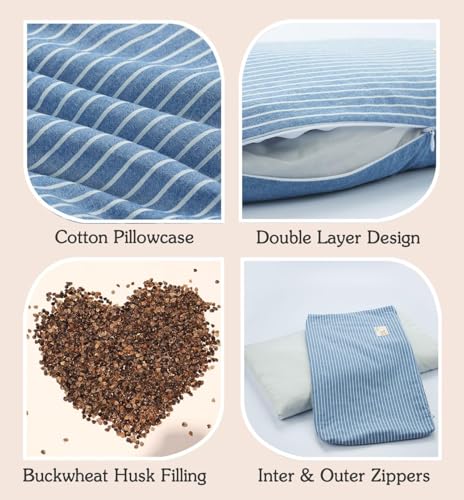 Buckwheat Pillows for Sleeping, Adjustable Hulls Firm Pillow Neck Head Back Shoulder Support for Pain Relief, Small Bed Pillow for Side Back Sleepers, Blue 19"X11"