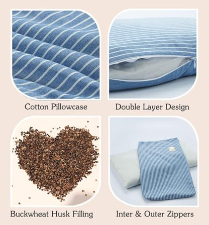 Buckwheat Pillows for Sleeping, Adjustable Hulls Firm Pillow Neck Head Back Shoulder Support for Pain Relief, Small Bed Pillow for Side Back Sleepers, Blue 19"X11"