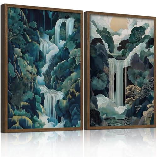 2pcs Framed Japanese Canvas Wall Art Painting Large Waterfall Scenery Poster Print Wrap Canvas Artwork Nature Scenery Abstract Blue Waterfall Zen Art Print Living Room Bedroom Office Decor 12x16 Inch - color: Green Japanese landscape, size: 12X16Inch