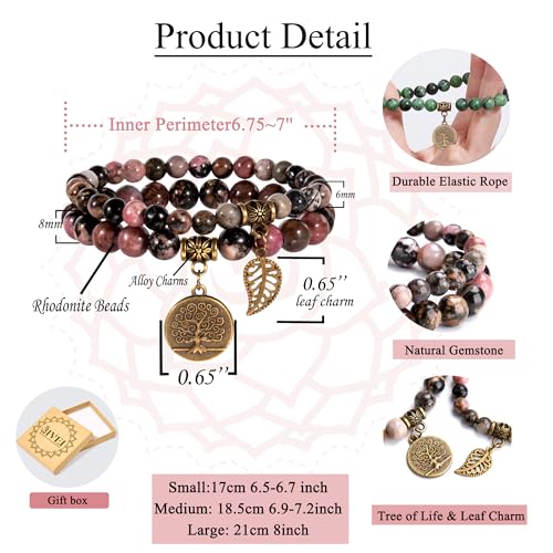 Bivei Natural Semi Precious Gemstone beads bracelet for women - Life Tree and Leaf Charm Energy Reiki Crystal Stretch Bracelets - color: Rhodonite Bracelet Set, size: Large:7.87-8.26inch
