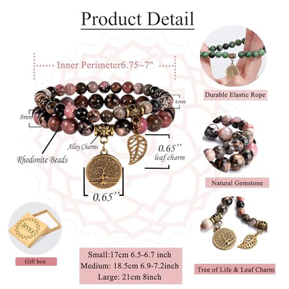 Bivei Natural Semi Precious Gemstone beads bracelet for women - Life Tree and Leaf Charm Energy Reiki Crystal Stretch Bracelets - color: Rhodonite Bracelet Set, size: Large:7.87-8.26inch
