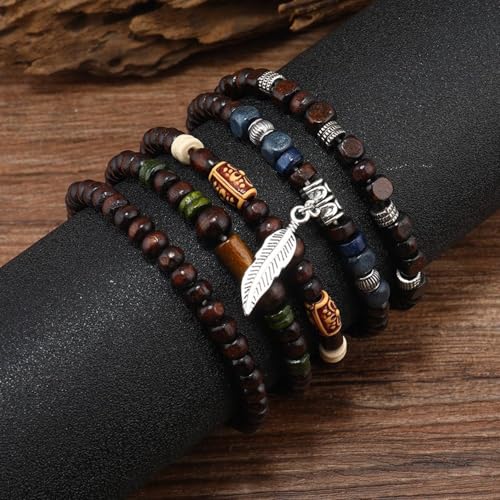 MILAKOO Mens Beaded Bracelets Tribal Wooden Elastic Adjustable Prayer Beads Wrap Cuff for Women - color: C: 5pcs