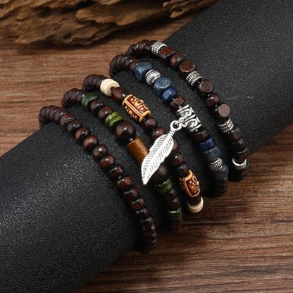 MILAKOO Mens Beaded Bracelets Tribal Wooden Elastic Adjustable Prayer Beads Wrap Cuff for Women - color: C: 5pcs