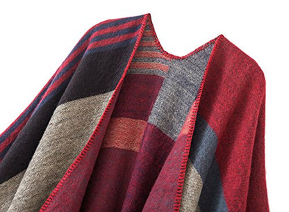 Urban CoCo Women's Color Block Shawl Wrap Open Front Poncho Cape - color: Series 2-red