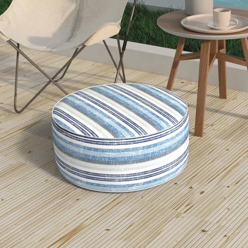 Patio Inflatable Ottoman, 21x9 Inch Portable Stool Ottoman with Handle, Outdoor Round Footrest Stool for Garden Camping, Stripe Layered Blue - color: Stripe Layered Blue, size: 21"D x 21"W x 9"H