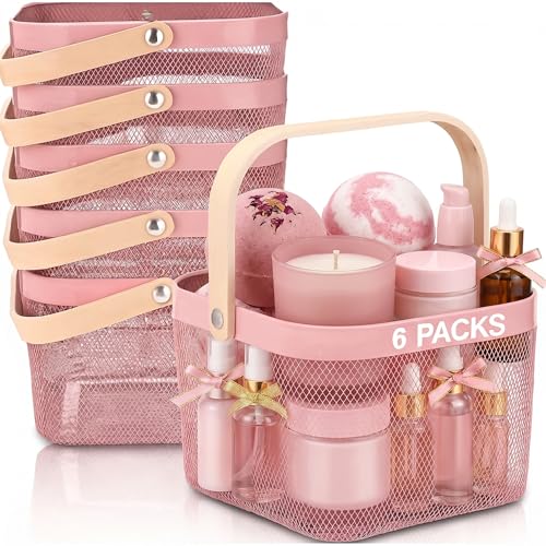Roshtia Pink Metal Wire Storage Basket with Wooden Handle, Decorative Organizer Basket for Nursery, Bathroom, Vanity Counter, Spa Gift, Farmhouse Storage Bin 9.65 Inch - color: Pink, size: 9.65 x 9.65 x 7.09 Inch