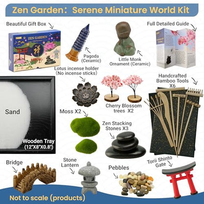 Zen Garden Kit for Desk, 12x8 Inch Sand Tray with 16 Accessories and 6 Tools, Japanese Meditation Mini Garden Set,Mini Meditation Decor for Adults, Stress Relief, Home & Office Decor, Unique Gift Set.