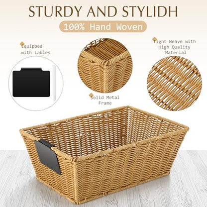 6 Pcs Wicker Storage Baskets with Labels Handwoven Multi-size Natural Wicker Storage Bins for Organizing Small Baskets Container for Shelves Closet Pantry Toilet(Natural)