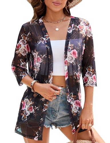 iClosam Women Casual 3/4 Sleeve Sheer Open Front Cardigan Sweater Kimono - color: Floral, size: Small