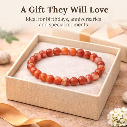 Elm City Direct 8mm Natural Stone Beaded Bracelet – Unisex Crystal Stretch Bracelets for Men & Women, Chakra & Healing Jewelry, Gift-Ready Beaded Bracelets - color: Red Sardonyx