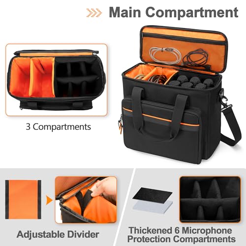 6 Slots Wireless Microphone Carrying Case, Mic Storage Bag with Thick Padding for Singing, Karaoke, Party (Patent Design)
