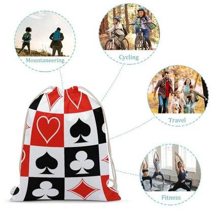 Suits Hearts Diamonds Clubs Spades Grid Poker Playing Cards Portable Canvas Drawstring Backpack with Drawstring Pockets 35x50cm - color: Suits Hearts Diamonds Clubs Spades Grid Poker, size: 35x50cm