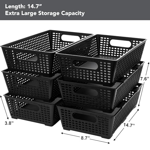 Tiawudi Stackable Woven Plastic Basket, Storage Bins for Cabinet, Closet, Shelf, Under Sink and Countertop, Pantry Organizer Bins, 6 Pack - color: Black