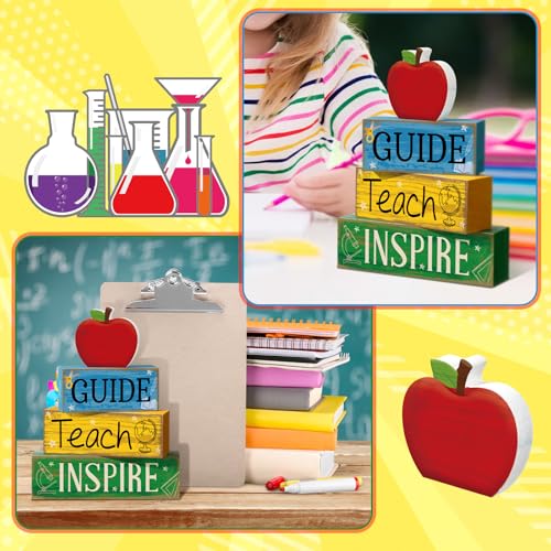 Yuntau 4 Pcs Teacher Appreciation Gift Wooden Apple Table Decoration Guide Teach Inspire Block Sign Apple Tiered Tray Decor Graduation Back to School Teachers Gift for Office Classroom - style: Apple